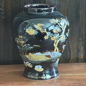 Otagiri Vintage Black Japanese Vase - Tree Crane Lotus Flower Ducks
